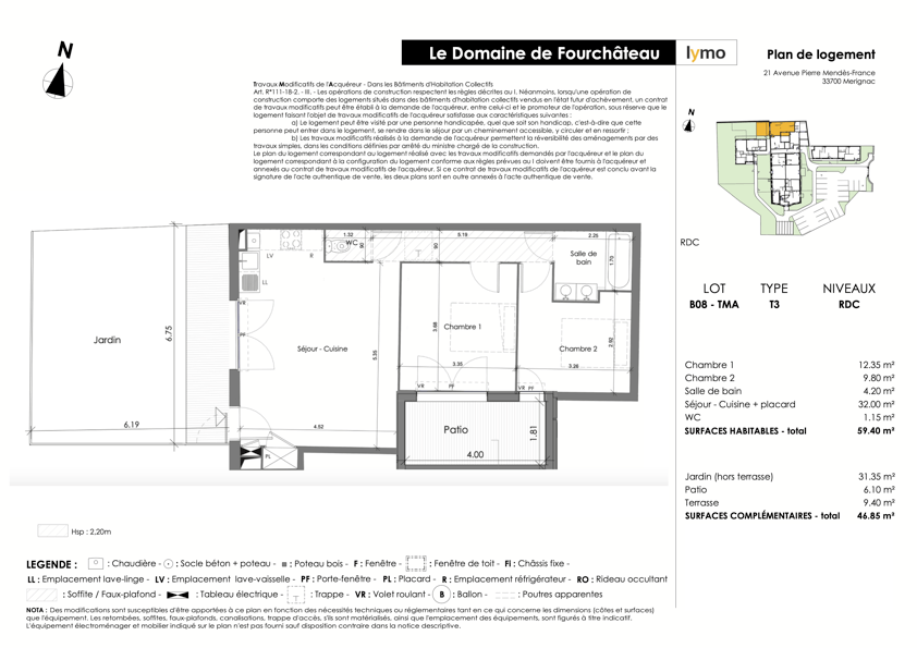 Plan et surfaces de l'appartement rez-de-chaussée (B08) du domaine de Fourchâteau à Mérignac
