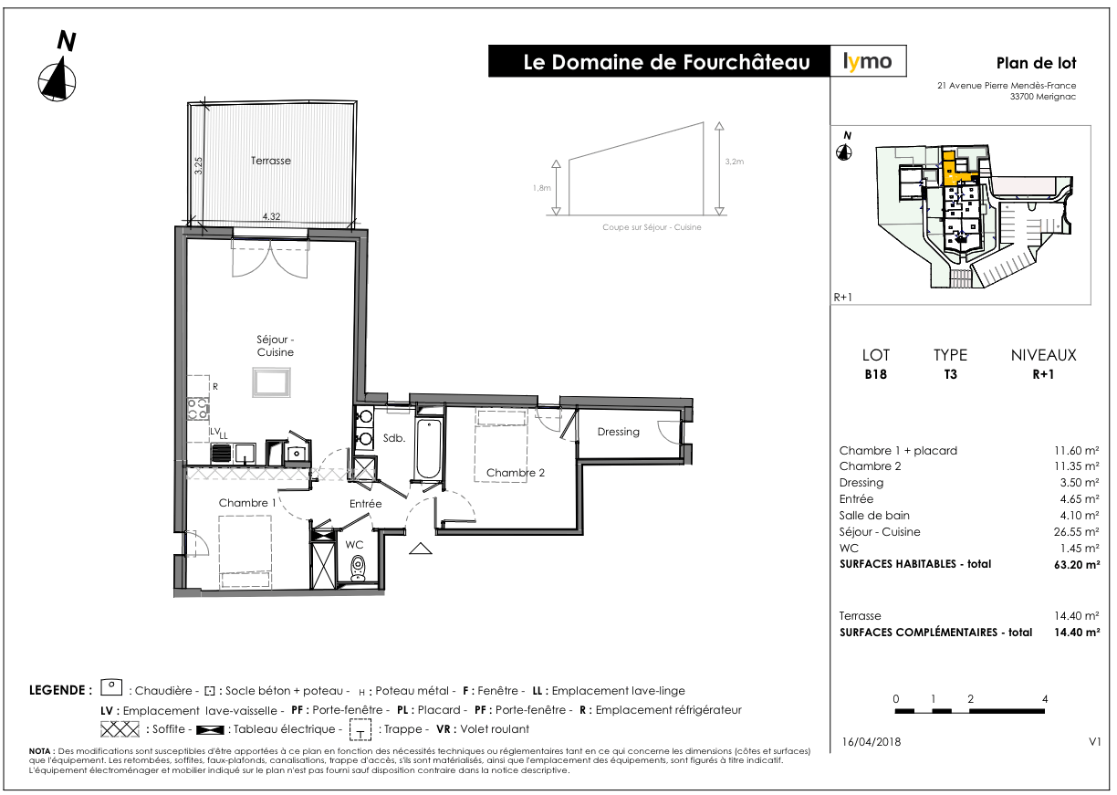Plan et surface de l'appartement au 1er étage du Domaine de Fourchâteau à Mérignac (B18)